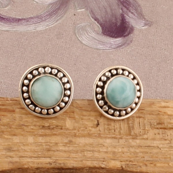 925 Sterling Silver Natural Larimar Round Gemstone Stud Earrings, Designer Dotted Round Silver Earrings, Handcrafted Earrings, Gift For Her