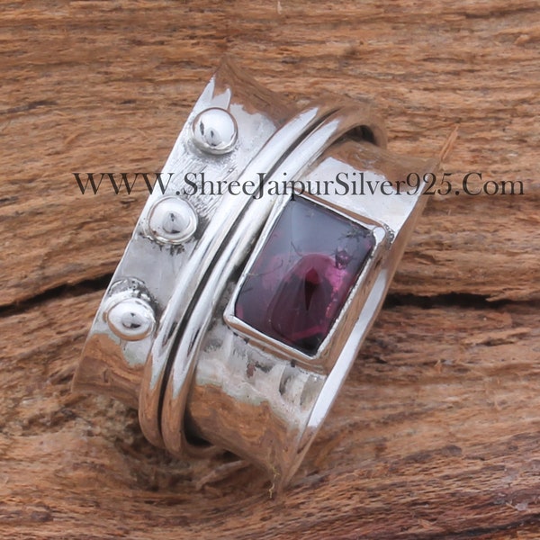 925 Sterling Silver Natural Red Garnet Spinner Ring, Designer Handmade Meditation Ring Boho Ring, Wedding Jewelry, Present For Her Gift Idea