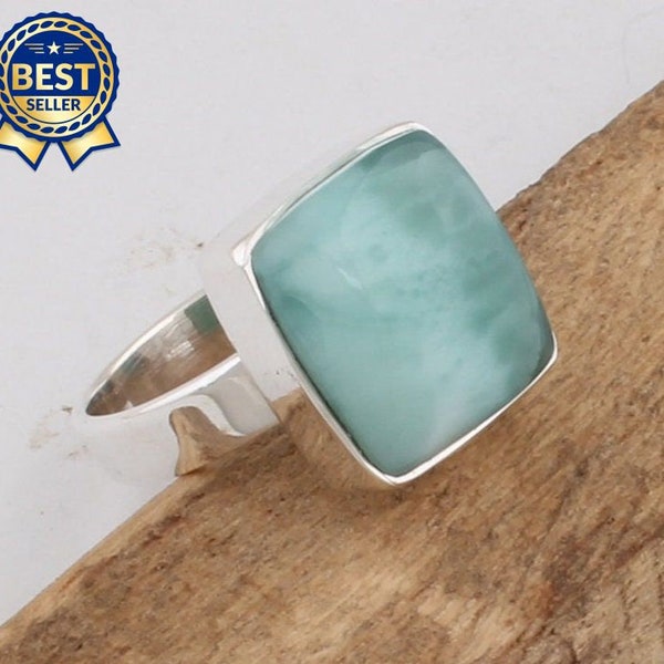 Silver,Solid Ring Natural Larimar Top Quality Gemstone Ring 925-Silver Sterling Ring Handmade Ring Blue Color Stone And Silver Color Ring