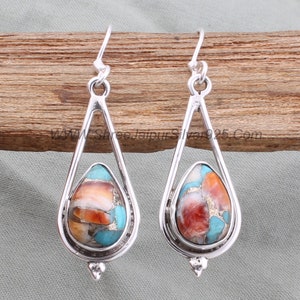Oyster Copper Turquoise Pear Stone Solid 925 Sterling Silver Earrings For Women, Handmade Boho Silver Earrings For Gift