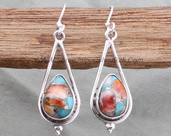 Oyster Copper Turquoise Pear Stone Solid 925 Sterling Silver Earrings For Women, Handmade Boho Silver Earrings For Gift