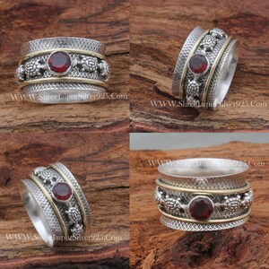 Turtle Spinner 925 Sterling Silver Natural Red Garnet Spinner Ring, Handmade Engraved Wide Band Fidget Anxiety Ring Gifts For Her Birthday image 2