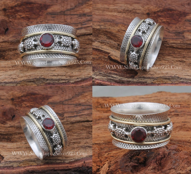 Turtle Spinner 925 Sterling Silver Natural Red Garnet Spinner Ring, Handmade Engraved Wide Band Fidget Anxiety Ring Gifts For Her Birthday image 2