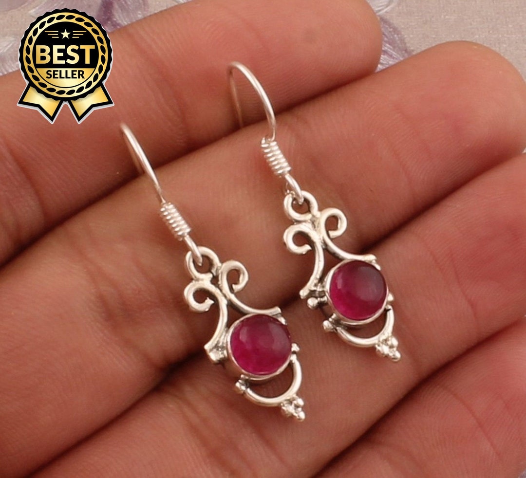 Pink Jade Round Gemstone Silver Earrings, 925 Sterling Silver Earrings