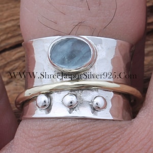 Aquamarine Sterling Silver Spinner Ring: Hammered Two-Tone Band
