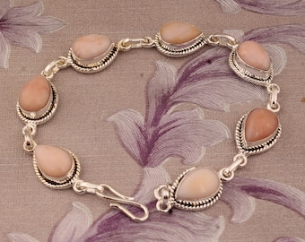 Pink Opal Sterling Silver Bracelet: Handmade Boho Jewelry