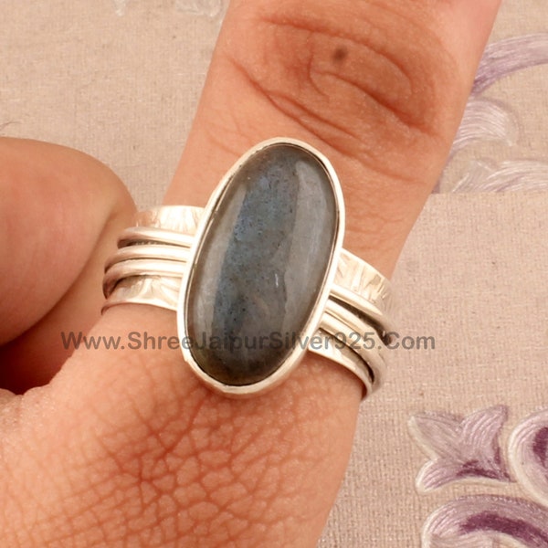 Natural Labradorite Oval Gemstone Spinner Ring, 925 Sterling Silver Carved Band Ring, Handmade Silver Meditation Ring, Present For Her Gift