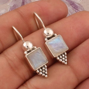 Sterling Silver Square Gemstone Earrings: Handmade Dotted Silver Design