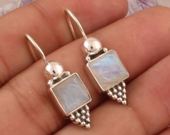 Sterling Silver Square Gemstone Earrings: Handmade Dotted Silver Design