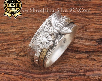 Honey Bee Flower Solid 925 Sterling Silver Spinner Ring For Women, Handmade Two Tone Fidget Honey Bee Anxiety Ring Gifts For Her Birthday