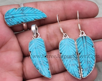 Turquoise Feather 925 Sterling Silver Jewelry Set, Handmade