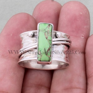 Green Copper Turquoise Solid 925 Sterling Silver Spinner Ring For Women, Handmade Bar Stone Textured Band Silver Ring Gifts For Birthday
