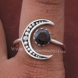 Moon Garnet Sterling Silver Ring: Adjustable January Birthstone