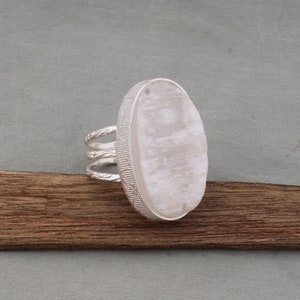 Selenite Gemstone Ring: Oval Stone, 925 Sterling Silver, Handmade Jewelry
