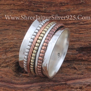 Spinner Solid 925 Sterling Silver Band  Ring Three Tone Meditation Ring