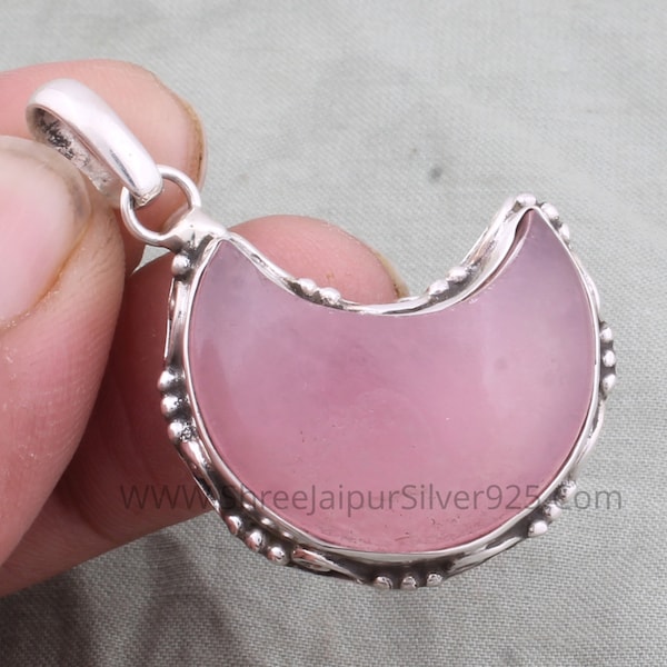 Large Pink Jade Moon Sterling Silver Pendant, Jade Pendant, 925 Sterling Silver Gemstone Moon Necklace, Silver Dotted Pendant, Gift For Her