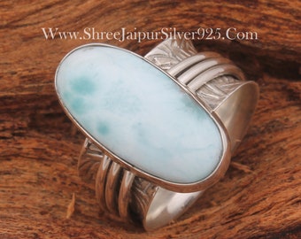 Natural Larimar Oval Gemstone Spinner Ring, 925 Sterling Silver Carved Band Ring, Handmade Silver Meditation Ring, Present For Her Gift Idea