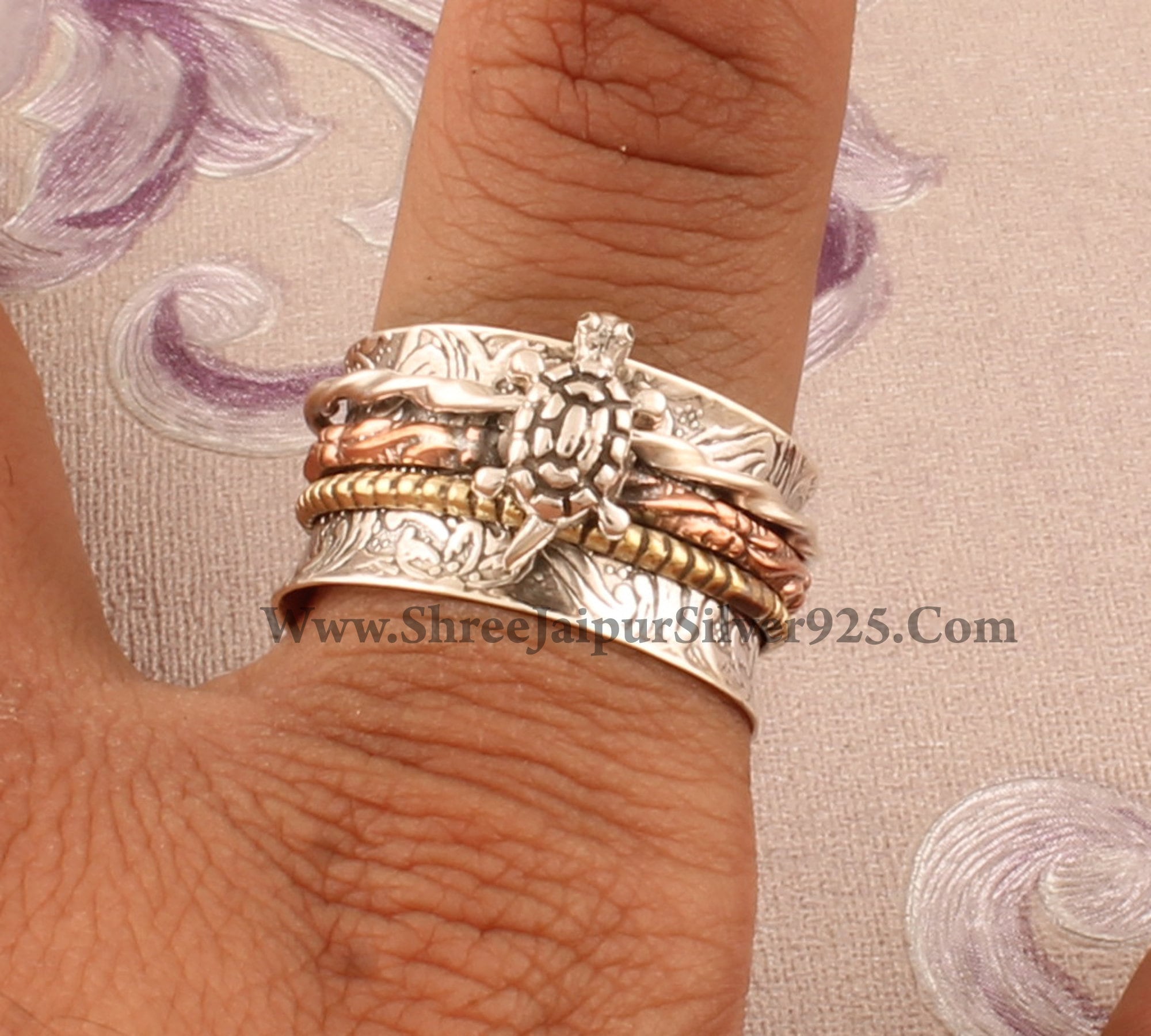 Turtle Solid Silver Carved Band Spinner Ring For Wedding, 925 Sterling Silver Turtle Rings Ring, Handmade Three Tone Ring For Her