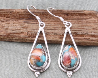 Oyster Copper Turquoise Pear Stone Solid 925 Sterling Silver Earrings For Women, Handmade Boho Silver Earrings For Wedding Anniversary Gift