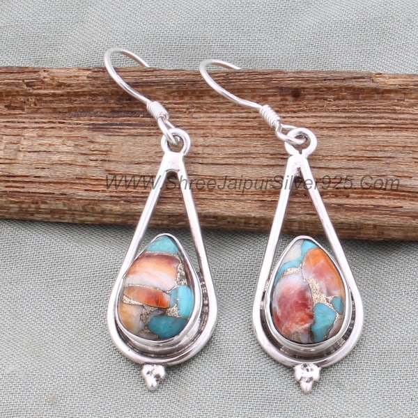 Oyster Copper Turquoise Pear Stone Solid 925 Sterling Silver Earrings For Women, Handmade Boho Silver Earrings For Wedding Anniversary Gift