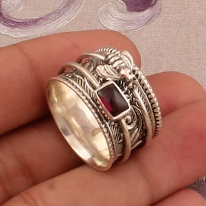 925 Solid Sterling Silver Natural Red Garnet Spinner Ring, Handmade Honey Bee Engraved Wide Band Fidget Anxiety Ring Gifts For Her Birthday image 1