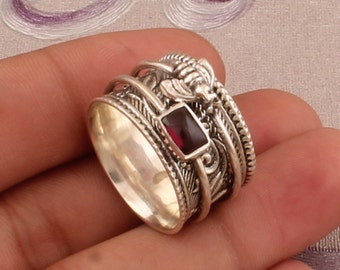 925 Solid Sterling Silver Natural Red Garnet Spinner Ring, Handmade Honey Bee Engraved Wide Band Fidget  Ring Gifts For Her Birthday