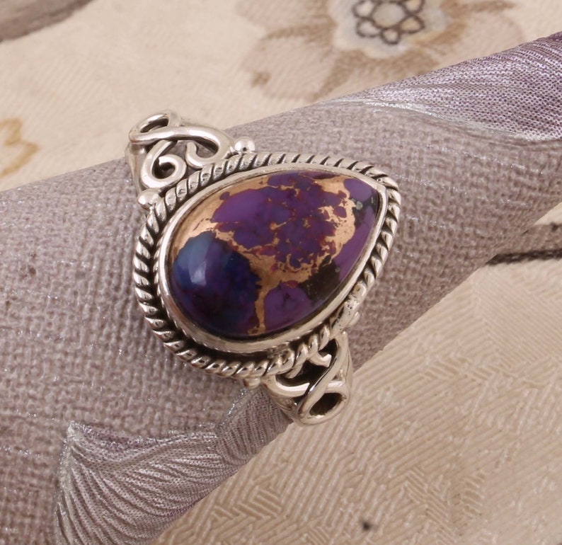 Purple Copper Turquoise AAA+Quality Gemstone Ring,Engagement Ring 925-Antique Silver Pear Stone Ring,Sterling Silver Ring,Index Finger Ring
