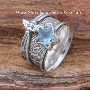 Blauer Topas Natürlicher Edelstein Massiv 925 Sterling Silber Spinner Ring für Frauen, handgefertigtes Sternschnitt-Honigbienenring-Geschenk für ihren Geburtstag
