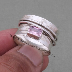 Hammered 925 Sterling Solid Silver Spinner Rings, Pink Zircon Spinner, Silver Band Spinner Ring, Worry  Anniversary Gift Ring