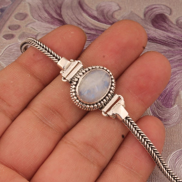 Rainbow Moonstone Sterling Silver Bracelet: Oval Gemstone Jewelry