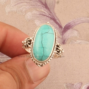 Tibetan Turquoise Ring: Oval Gemstone, 925 Sterling Silver