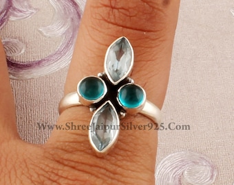 Blue Topaz Sterling Silver Ring: Adjustable Marquise Round Gemstone