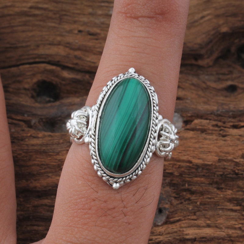 Bague En Malachite Naturelle 21x16 Mm - 22 Carats - Argent Massif - Réglable 52-58