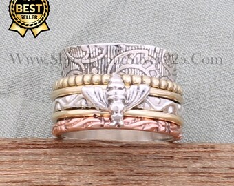 Honey Bee Spinner 925 Sterling Silver Spinner Ring For Women, Handmade Silver Bee Meditation Fidget Anxiety Ring ready to Gifts