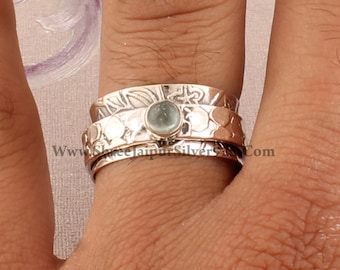 Aquamarine Natural Gemstone Solid 925 Sterling Silver, Handmade Carved Silver Band Ring, Boho Aquamarine Worry Rings, Anxiety Ring For Gift