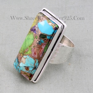 Turquoise mix Gemstone Ring, Solid 925 Sterling Silver Ring, Handmade Hammered Bar Band Ring Gifts For Women Wedding Anniversary Idea
