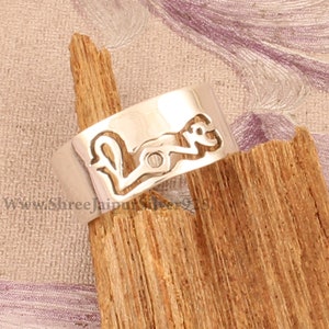 Handgeschnitzte Liebesbrief Massiv 925 Sterling Silber Bandring für Frauen Boho Silber Bandring für Hochzeit Jahrestag Geschenk für Freund