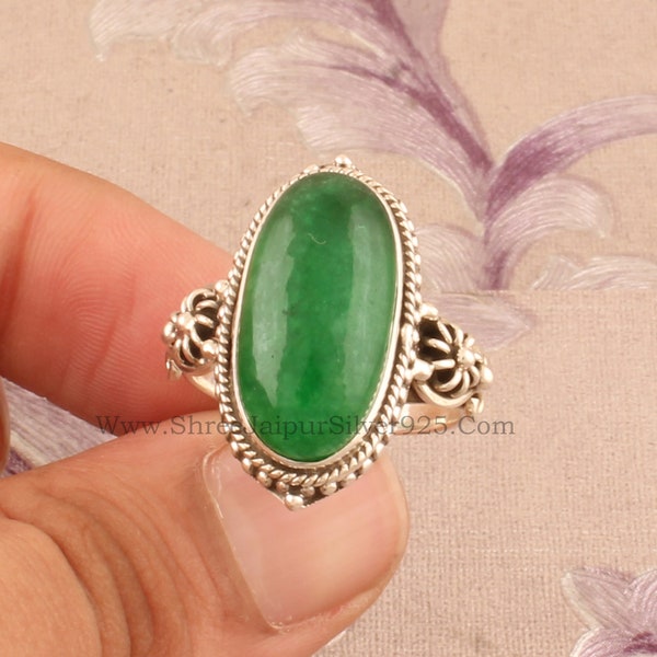 925 Sterling Silver Rings For Women Natural Green Jade Ring Oval Handmade Silver Gemstone Jewelry Engagement Vintage Dainty Valentine's Day