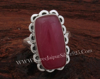 Handmade Sterling Silver Ruby Jade Ring: Elongated Cushion Gemstone Jewelry