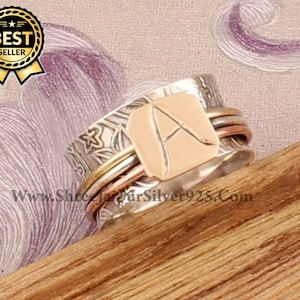 Anillo giratorio con inicial personalizado, anillo con inicial de latón y plata de ley 925, anillo grabado con letras de la A a la Z hecho a mano, regalo personalizado para mujeres