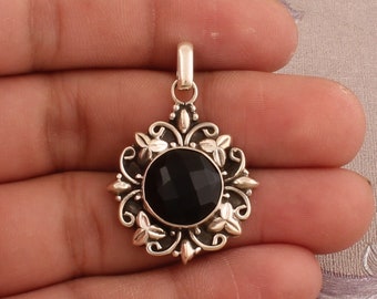 925 Sterling Silber Schwarzer Onyx Halsketten-Anhänger, Boho Onyx Runder Edelstein Blumen Silber Anhänger, Valentinstag Schmuck, Schwarzer Onyx Anhänger