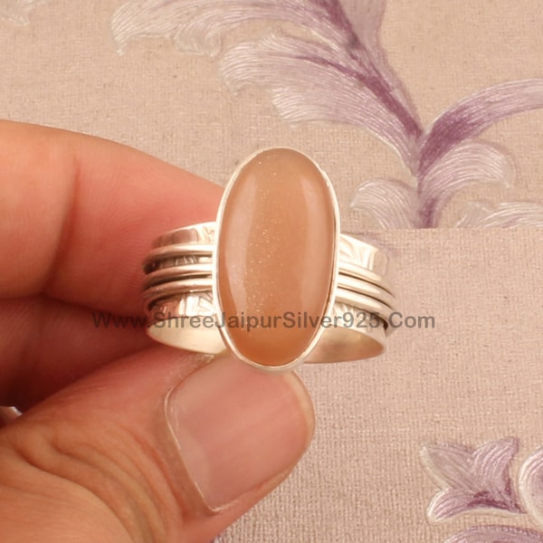 Peach Moonstone Oval Gemstone Spinner Ring, 925 Sterling Silver Carved Band Ring, Handmade Silver Meditation Ring, Present For Her