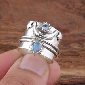 Rainbow Moonstone Spinner Ring: Handmade 925 Sterling Silver