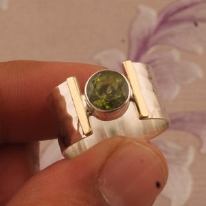 Handmade Peridot Sterling Silver Ring: Hammered Band
