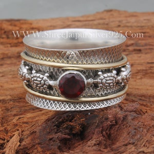 Turtle Spinner 925 Sterling Silver Natural Red Garnet Spinner Ring, Handmade Engraved Wide Band Fidget Anxiety Ring Gifts For Her Birthday image 1