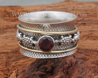 Turtle Spinner 925 Sterling Silver Natural Red Garnet Spinner Ring, Handmade Engraved Wide Band Fidget Anxiety Ring Gifts For Her Birthday