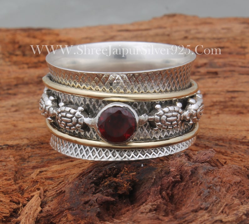 Turtle Spinner 925 Sterling Silver Natural Red Garnet Spinner Ring, Handmade Engraved Wide Band Fidget Anxiety Ring Gifts For Her Birthday image 1