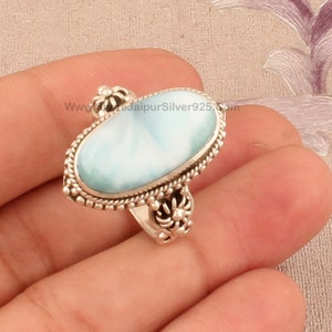 Sterling Silver Larimar Ring: Long Oval Gemstone, Boho Jewelry