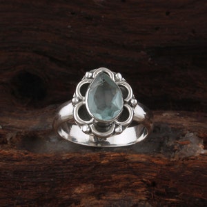 Pear Blue Topaz Sterling Silver Ring: Handmade Boho Promise Ring