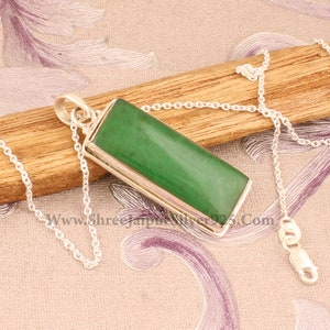 Jade Rectangle Pendant Necklace: 925 Sterling Silver Bar Stone